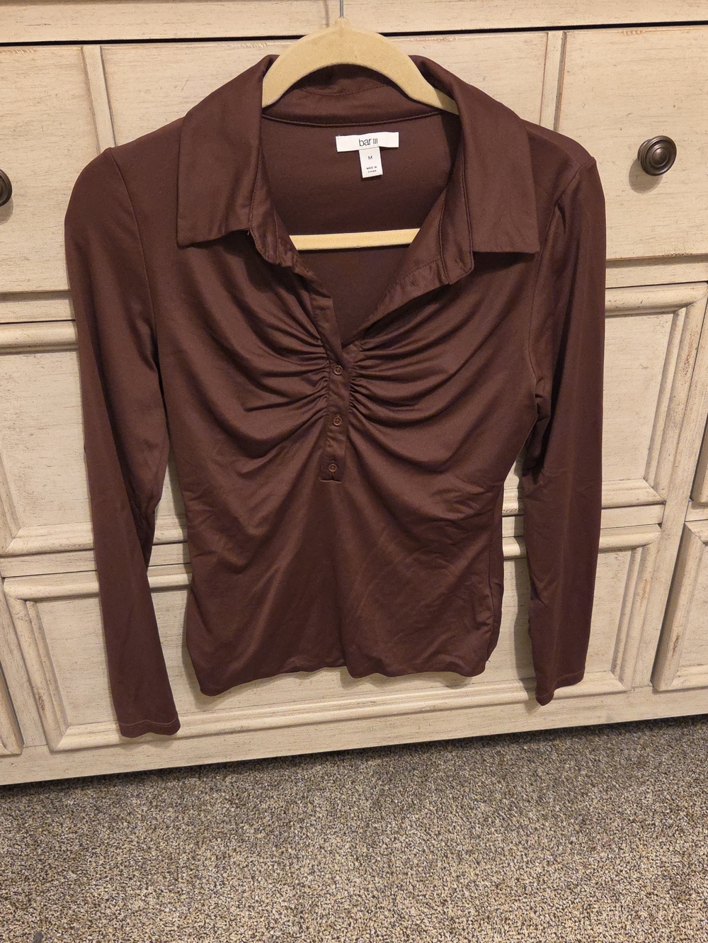 Bar III Chest-Ruched Long Sleeve Polo in Brown